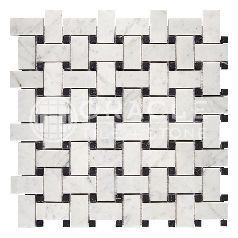 Carrara White (Bianco Carrara / Italian) Marble	-	Basketweave Mosaic (w/ Black)