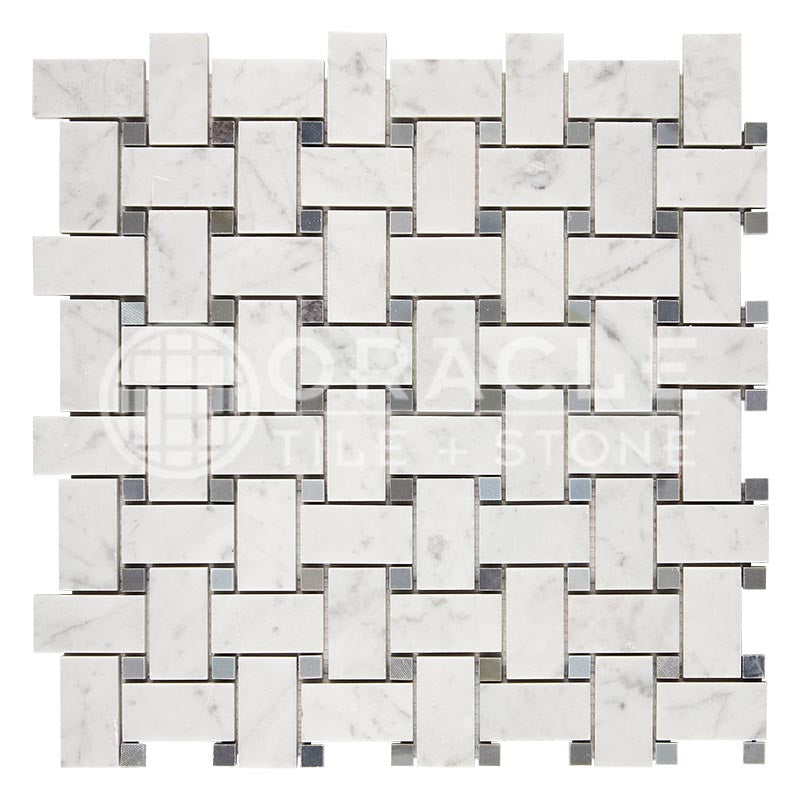Italian Carrara White Marble - Basketweave Mosaic Tile w/ Bardiglio Blue-Gray Marble Dots