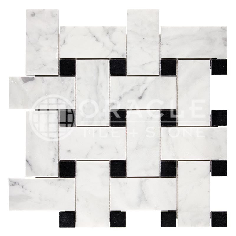 Italian Carrara White Marble - Basketweave (LARGE) Mosaic Tile w/ BLACK Marble Dots