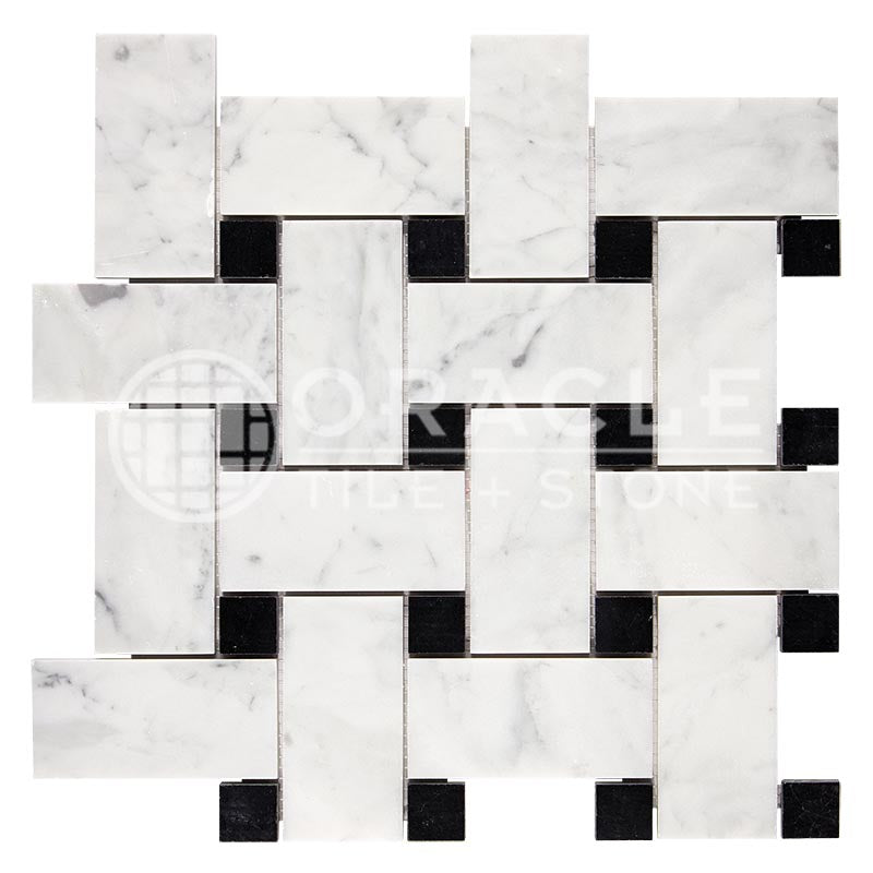 Carrara White (Bianco Carrara / Italian) Marble	-	Basketweave Mosaic (w/ Black) - (LARGE)
