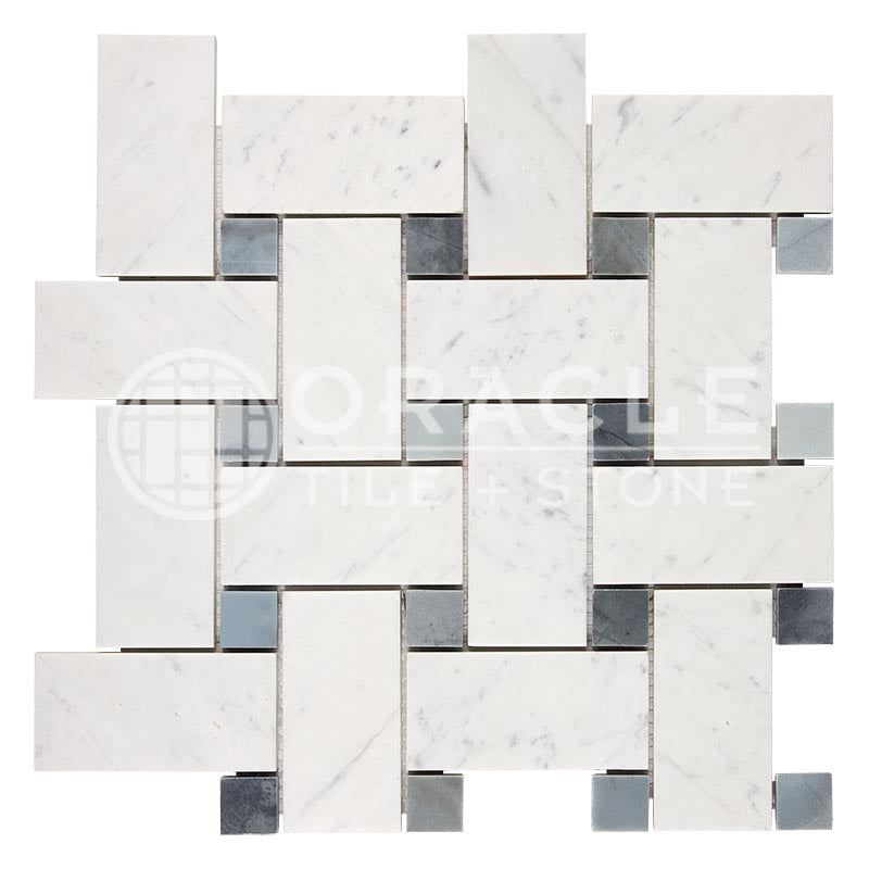 Italian Carrara White Marble - Basketweave (LARGE) Mosaic Tile w/ Bardiglio Blue-Gray Marble Dots