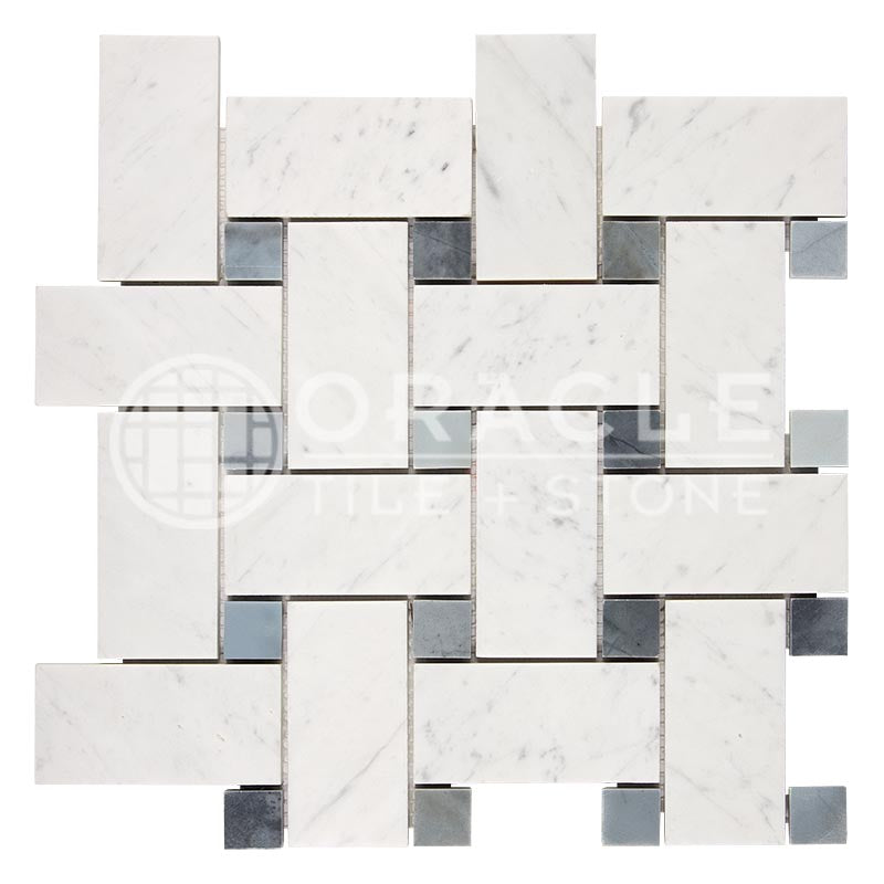 Carrara White (Bianco Carrara / Italian) Marble	-	Basketweave Mosaic (w/ Blue-Gray) - (LARGE)