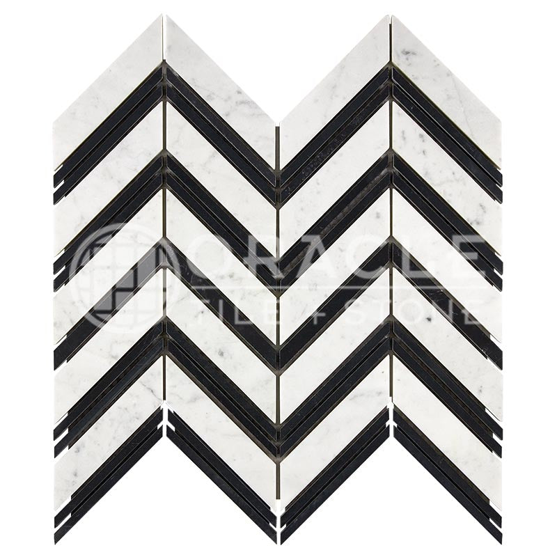 Italian Carrara White Marble - Large-Chevron Mosaic Tile w/ Black Marble Strips