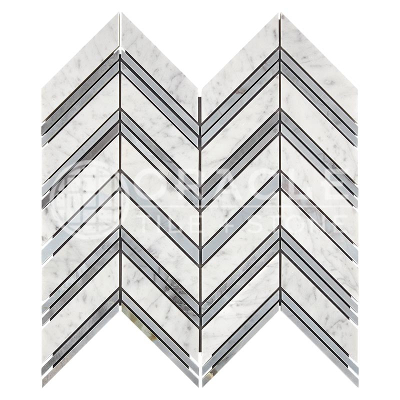 Italian Carrara White Marble - Large-Chevron Mosaic Tile w/ Bardiglio Blue-Gray Marble Strips