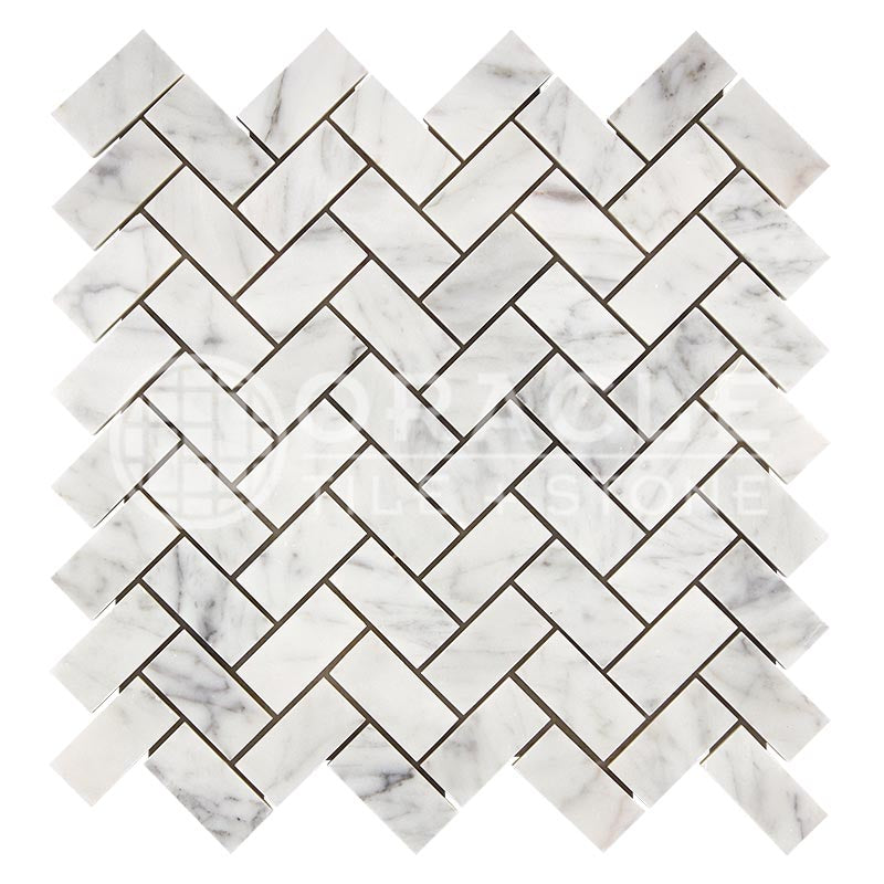 Italian Carrara White Marble - Herringbone (1" X 2") Mosaic Tile