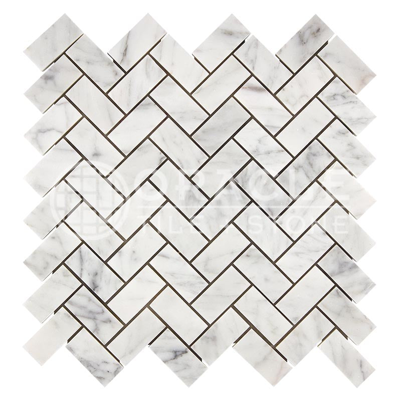 Carrara White (Bianco Carrara / Italian) Marble	1" X 2"	Herringbone Mosaic