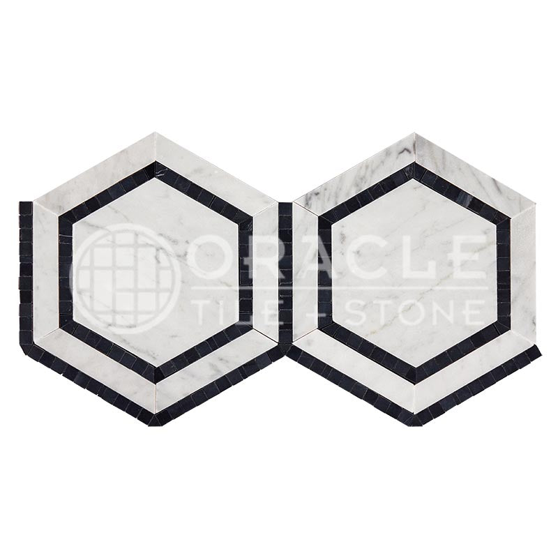 Italian Carrara White Marble - 5" Hexagonal Combination Mosaic Tile w/ Black Marble Inserts