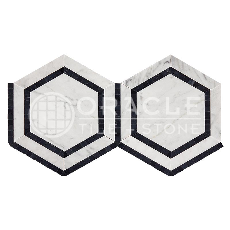 Carrara White (Bianco Carrara / Italian) Marble	5" X 5"	Hexagon Combination Mosaic (w/ Black)