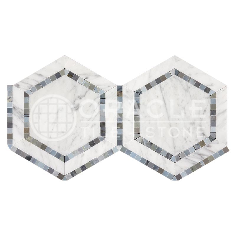 Italian Carrara White Marble - 5" Hexagonal Combination Mosaic Tile w/ Bardiglio Blue-Gray Marble Inserts