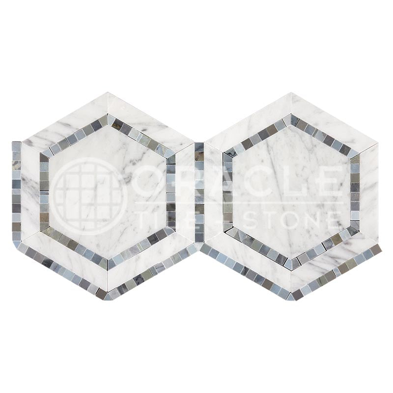 Carrara White (Bianco Carrara / Italian) Marble	5" X 5"	Hexagon Combination Mosaic (w/ Blue-Gray)