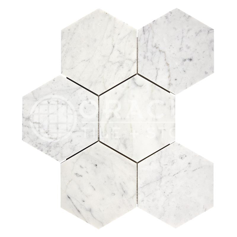 Italian Carrara White Marble - 5" Hexagonal Mosaic Tile