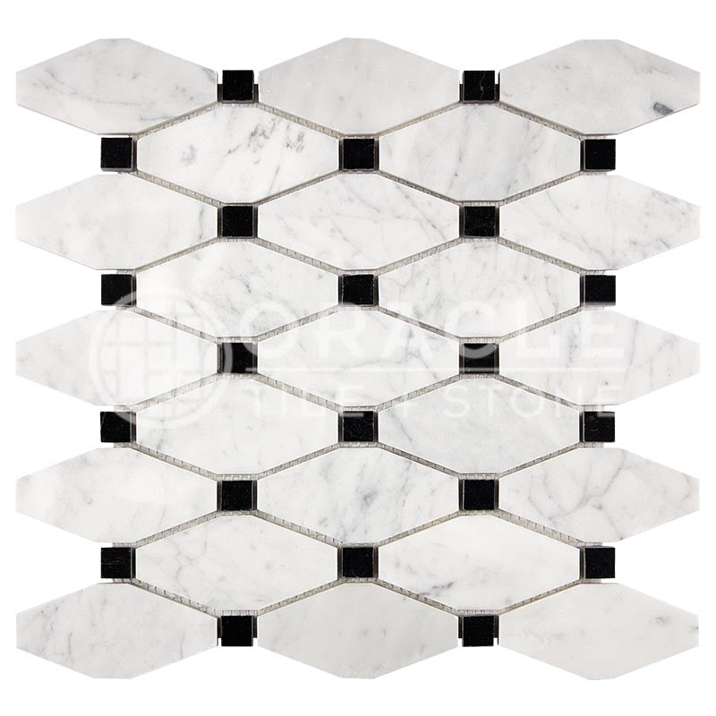 Italian Carrara White Marble - Octave (Long Octagon) Mosaic Tile w/ BLACK Marble Dots