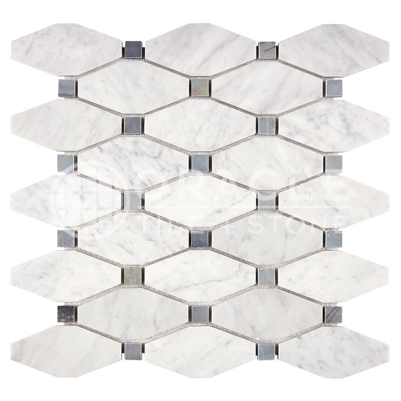 Italian Carrara White Marble - Octave (Long Octagon) Mosaic Tile w/ Bardiglio Blue-Gray Marble Dots