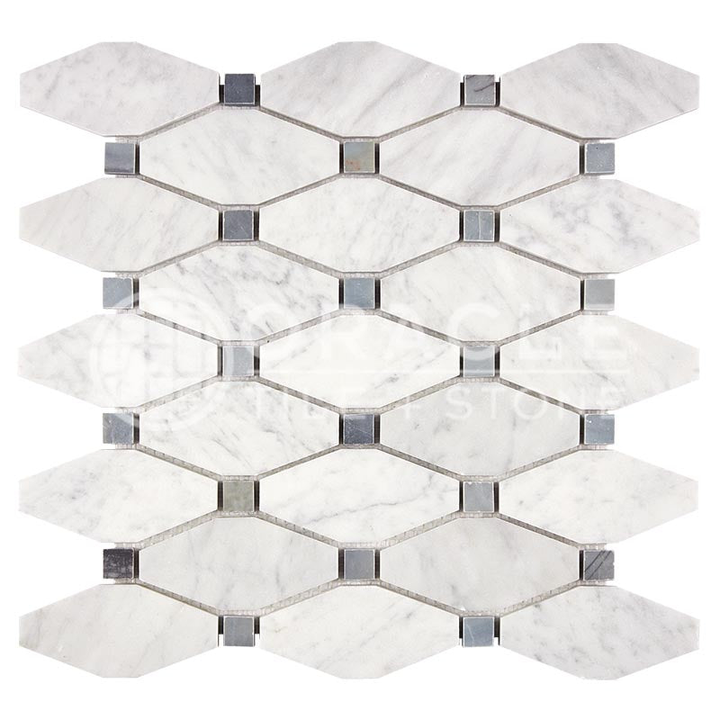 Carrara White (Bianco Carrara / Italian) Marble	-	Octave (Long Octagon) Mosaic (w/ Blue-Gray)
