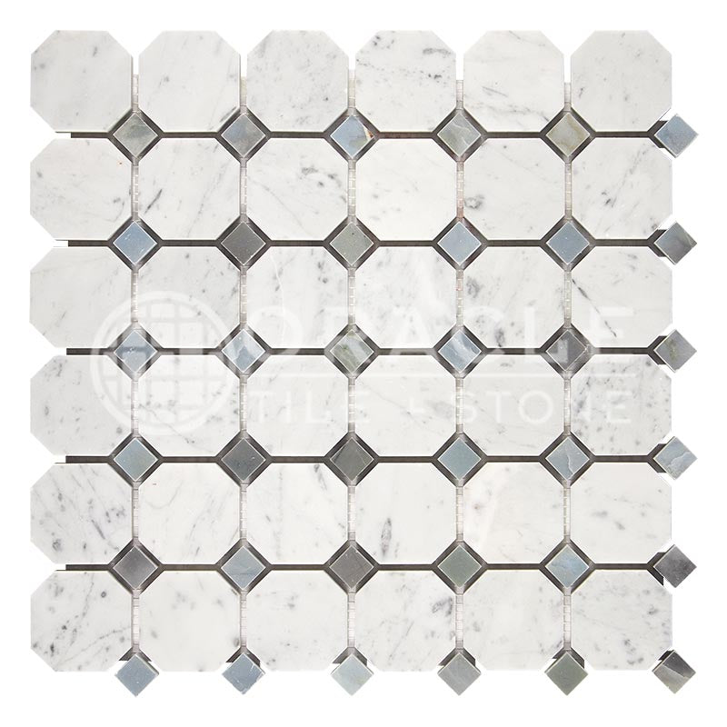 Carrara White (Bianco Carrara / Italian) Marble		Octagon Mosaic (w/ Blue-Gray)