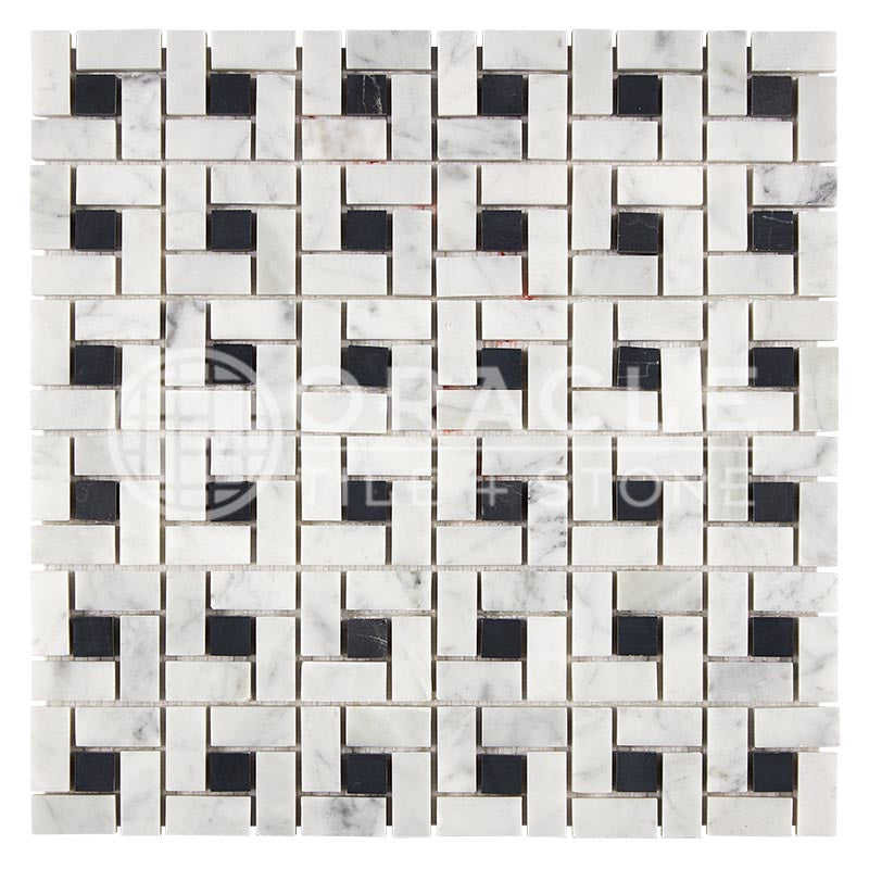 Italian Carrara White Marble - Pinwheel Mosaic Tile w/ BLACK Marble Dots