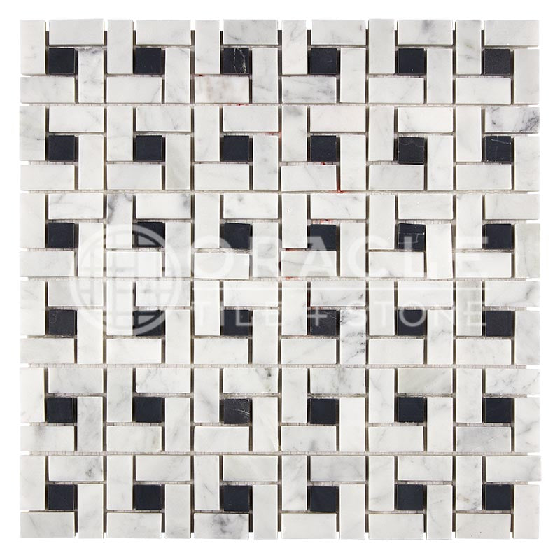 Carrara White (Bianco Carrara / Italian) Marble	-	Pinwheel Mosaic (w/ Black)