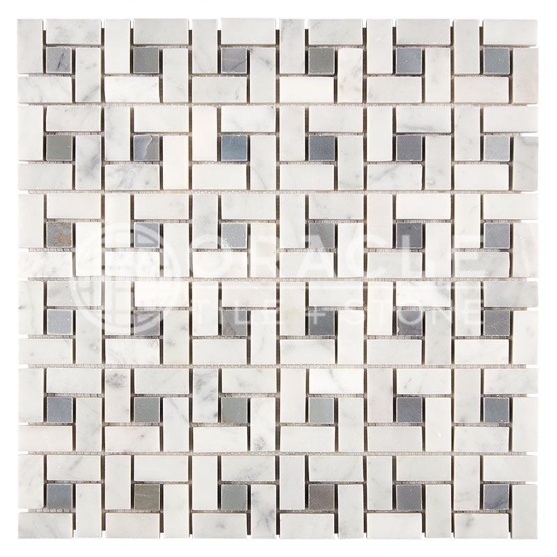 Italian Carrara White Marble - Pinwheel Mosaic Tile w/ Bardiglio Blue-Gray Marble Dots