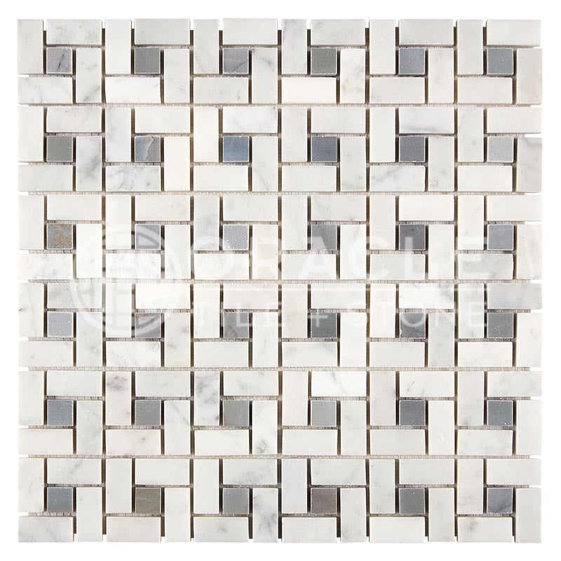 Carrara White (Bianco Carrara / Italian) Marble	-	Pinwheel Mosaic (w/ Blue-Gray)