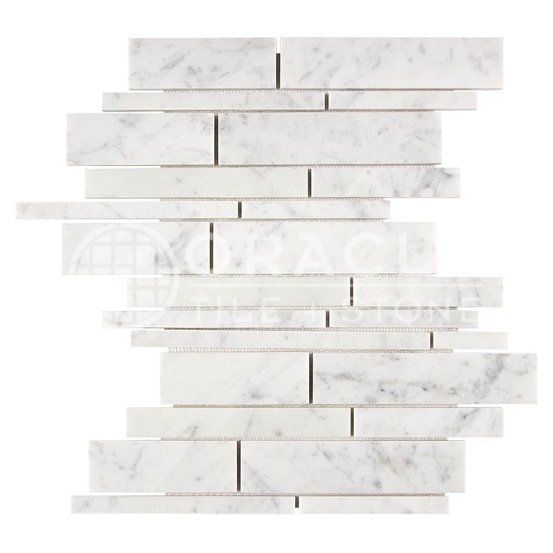 Italian Carrara White Marble - Random-Strip (Manhattan) Mosaic Tile