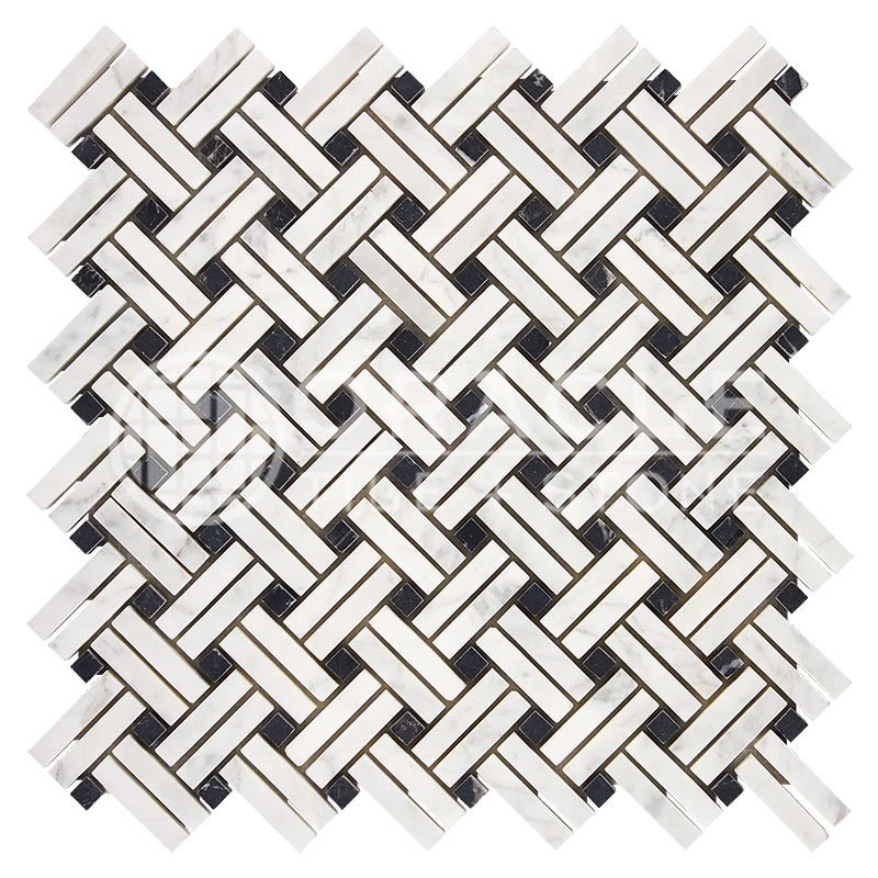 Italian Carrara White Marble - Stanza Mosaic Tile w/ BLACK Marble Dots