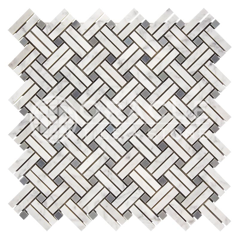 Italian Carrara White Marble - Stanza Mosaic Tile w/ Bardiglio Blue-Gray Marble Dots