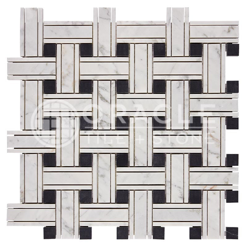 Italian Carrara White Marble - Triple-Weave Mosaic Tile w/ Black Marble Dots