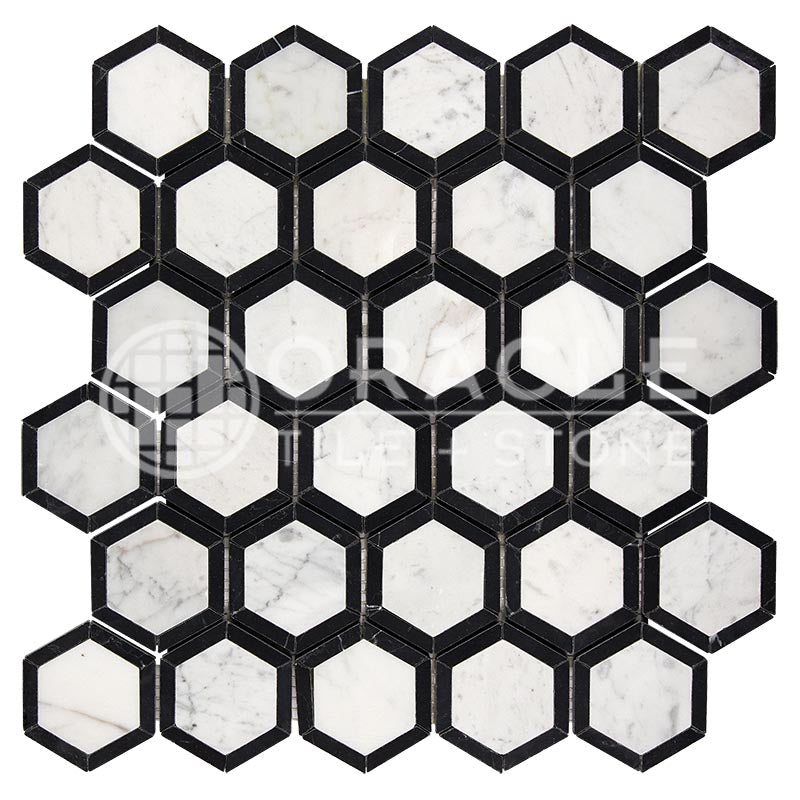 Italian Carrara White Marble - Vortex Hexagonal Mosaic Tile w/ Black Marble Strips