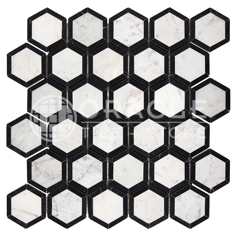 Carrara White (Bianco Carrara / Italian) Marble	2" X 2"	Vortex Hexagon (w/ Black)