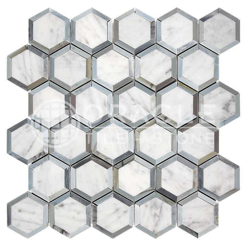 Italian Carrara White Marble - Vortex Hexagonal Mosaic Tile w/ Bardiglio Blue-Gray Marble Strips