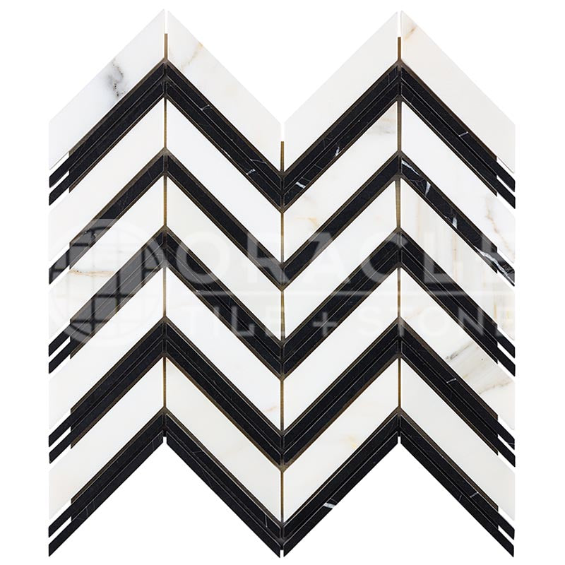 Italian Calacatta Gold Marble - Large-Chevron Mosaic Tile w/ Black Marble Strips
