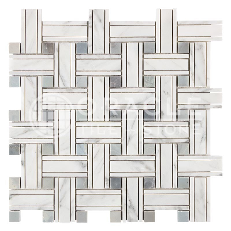 Italian Carrara White Marble - Triple-Weave Mosaic Tile w/ Bardiglio Blue-Gray Marble Dots