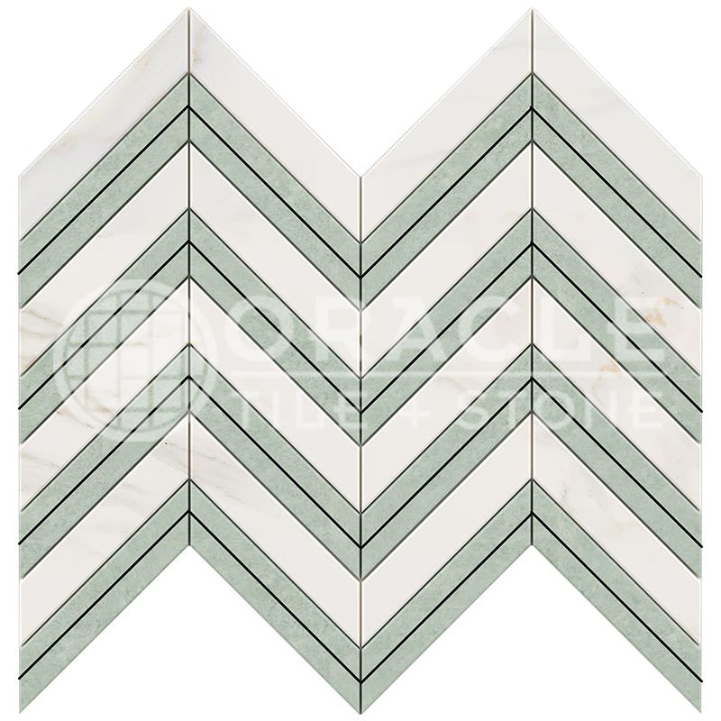 Italian Calacatta Gold Marble - Large-Chevron Mosaic Tile w/ Ming Green Marble Strips