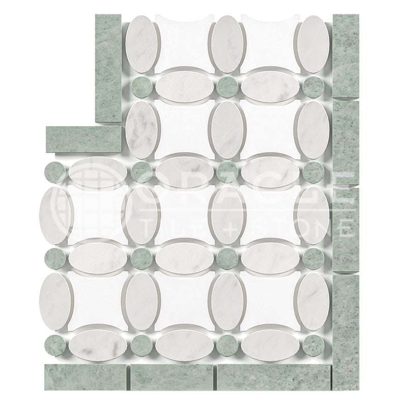 Italian Carrara White & Greek Thassos White Marble - Florida Flower Border / Listello CORNER with Ming Green Marble Dots