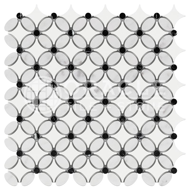 Italian Carrara White & Greek Thassos White Marble - Florida Flower Mosaic Tile w/ Black Marble Dots
