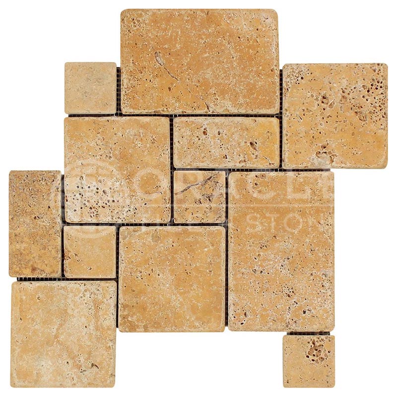 Gold / Yellow Travertine -  OPUS Pattern (4-Pcs.) Interlocking Mosaic Tile