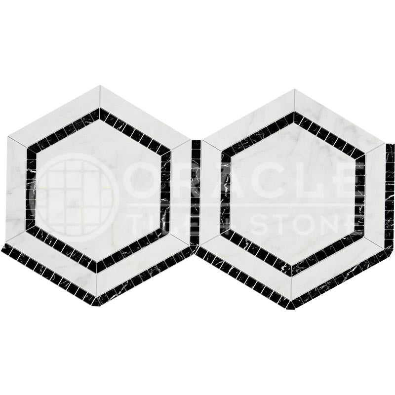 Oriental White (Asian Statuary) Marble - 5" Hexagonal Combination Mosaic Tile w/ Black Marble Inserts