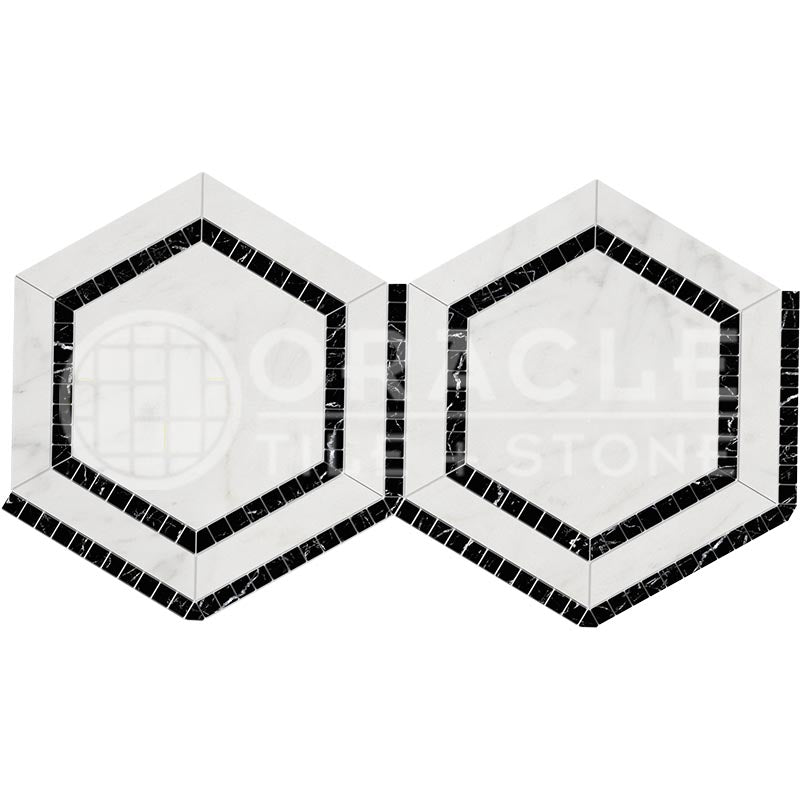 Oriental White (Asian Statuary)	Marble	5" X 5"	Hexagon Combination Mosaic (w/ Black)