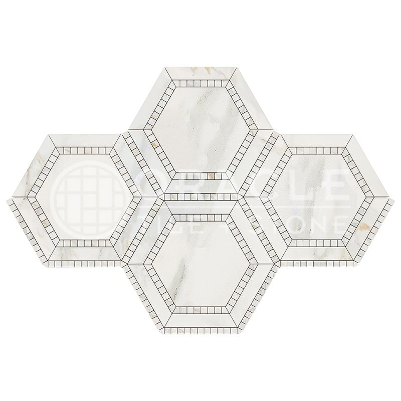 Italian Calacatta Gold Marble - 5" Hexagonal Combination Mosaic Tile w/ Calacatta Gold Marble Inserts