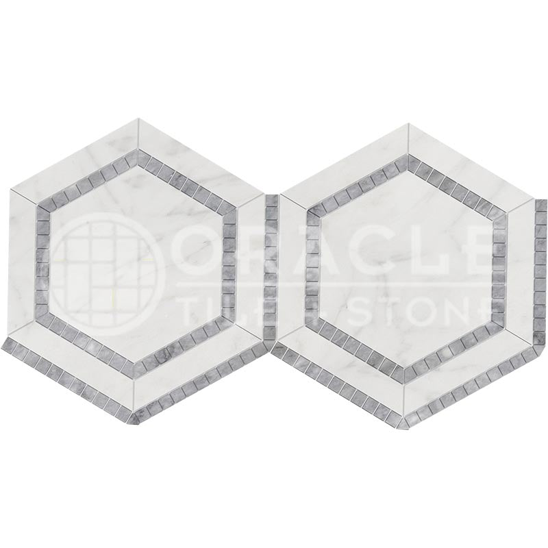 Oriental White (Asian Statuary) Marble - 5" Hexagonal Combination Mosaic Tile w/ Bardiglio Blue-Gray Marble Inserts