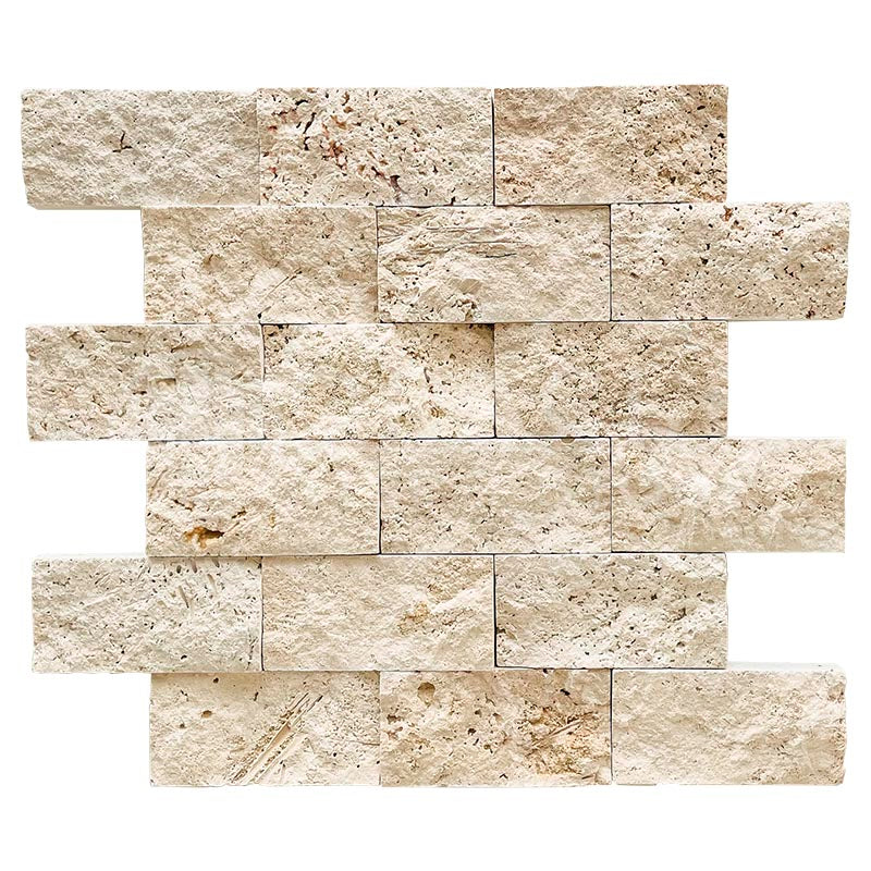 Ivory (Light) Travertine 2" X 4" Brick Mosaic Split-faced