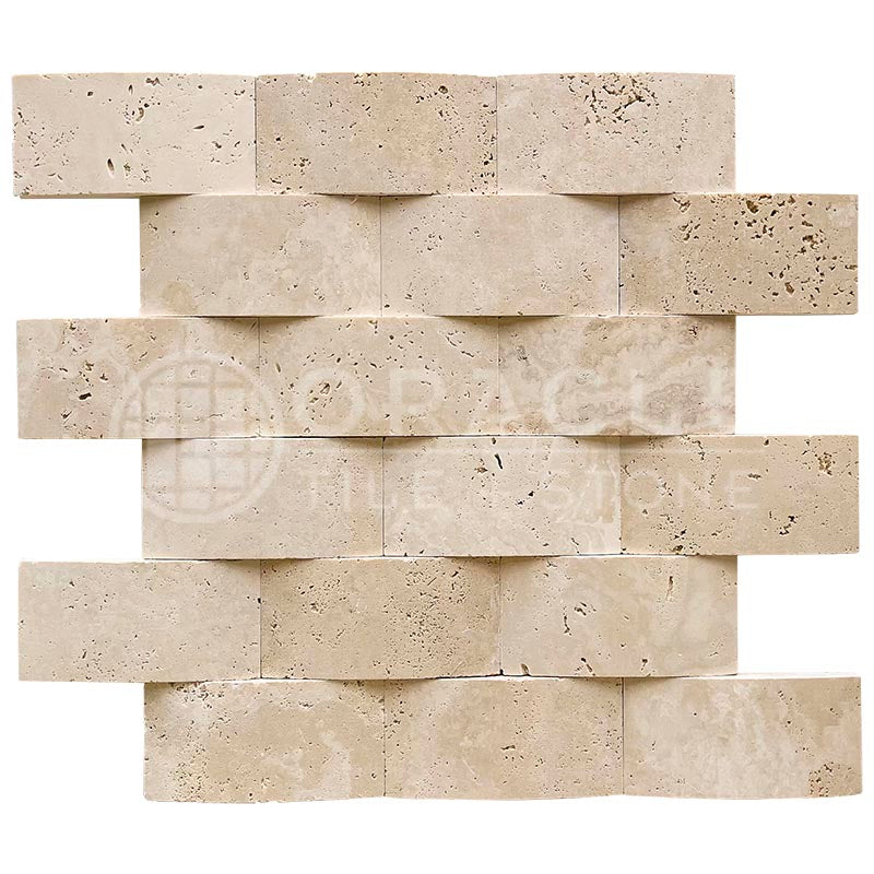 Ivory (Light) Travertine 2" X 4" Brick Mosaic Round-Faced (CNC-Arched / Wavy)