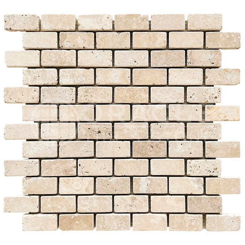 Ivory (Light) Travertine 1" X 2" Brick Mosaic Tumbled