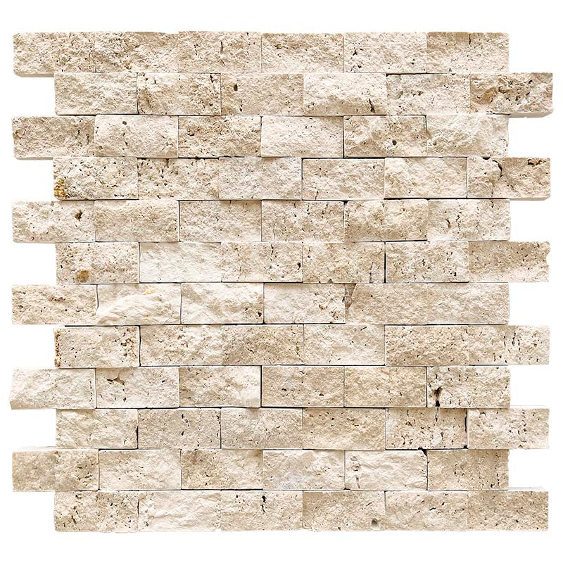 Ivory (Light) Travertine 1" X 2" Brick Mosaic Split-faced