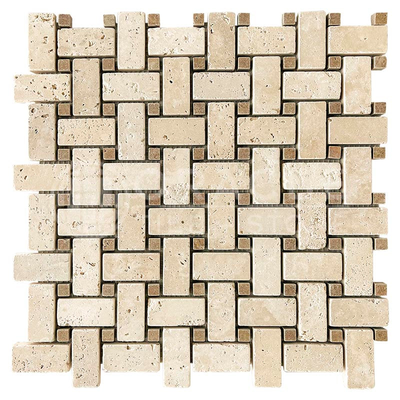 Ivory / Light Travertine - Basketweave Mosaic Tile w/ Noce Travertine  Dots