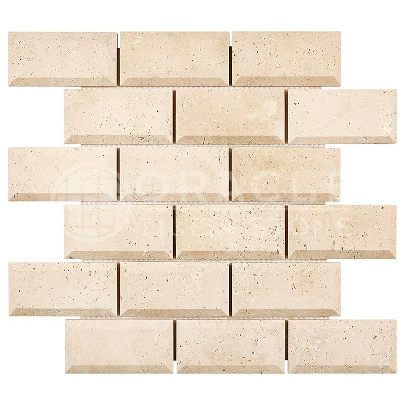 Ivory (Light) Travertine 2" X 4" Deep-Beveled Brick Mosaic