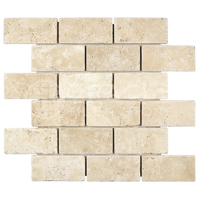 Ivory (Light) Travertine 2" X 4" Brick Mosaic Tumbled