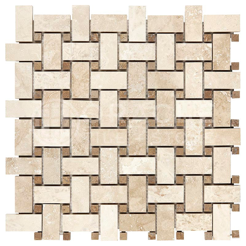 Ivory / Light Travertine - Basketweave Mosaic Tile w/ Noce Travertine  Dots