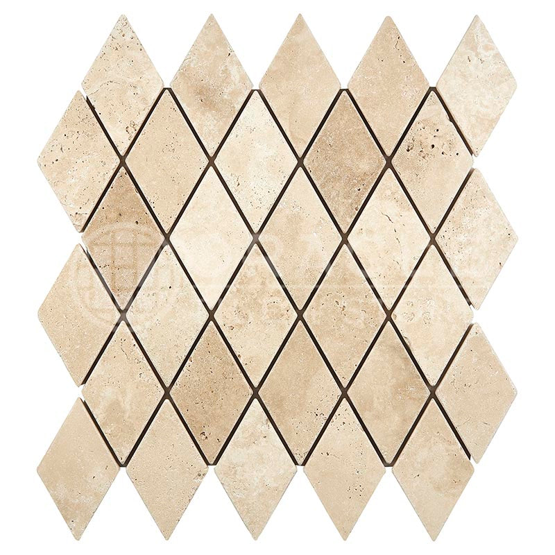Ivory (Light) Travertine 2" X 4" Diamond / Rhomboid Mosaic Tumbled