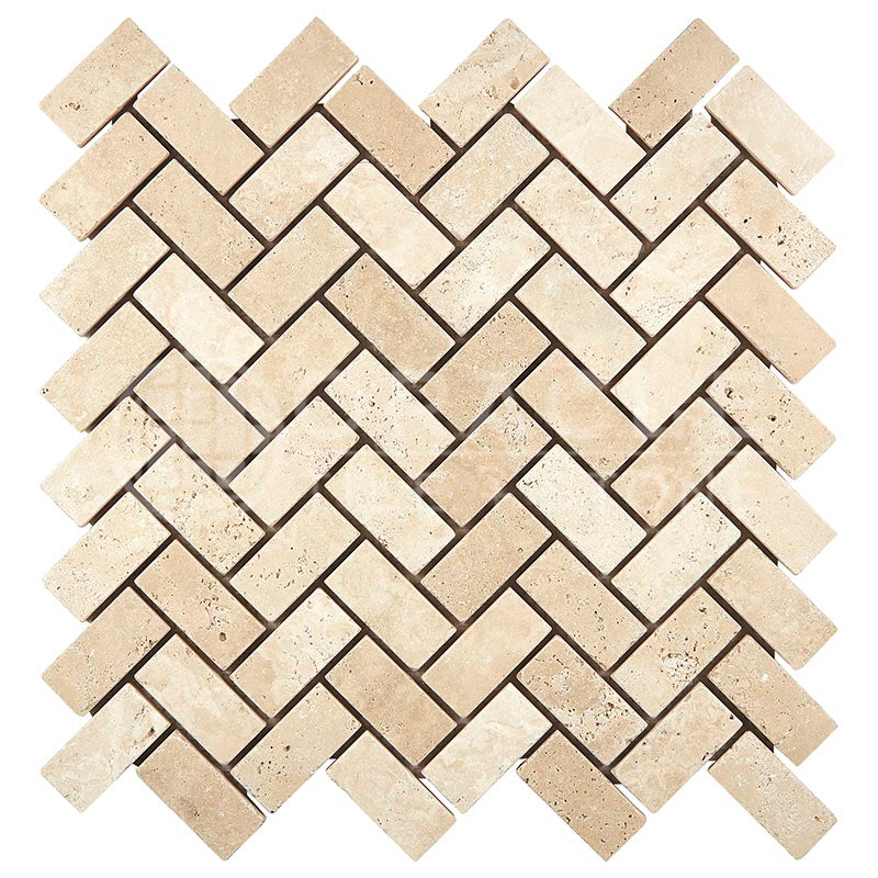 Ivory / Light Travertine - Herringbone (1" X 2") Mosaic Tile